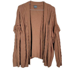 Arula Cardigan Sweater Fringe Open Front Cable Knit Tan/ Brown Size B 2X